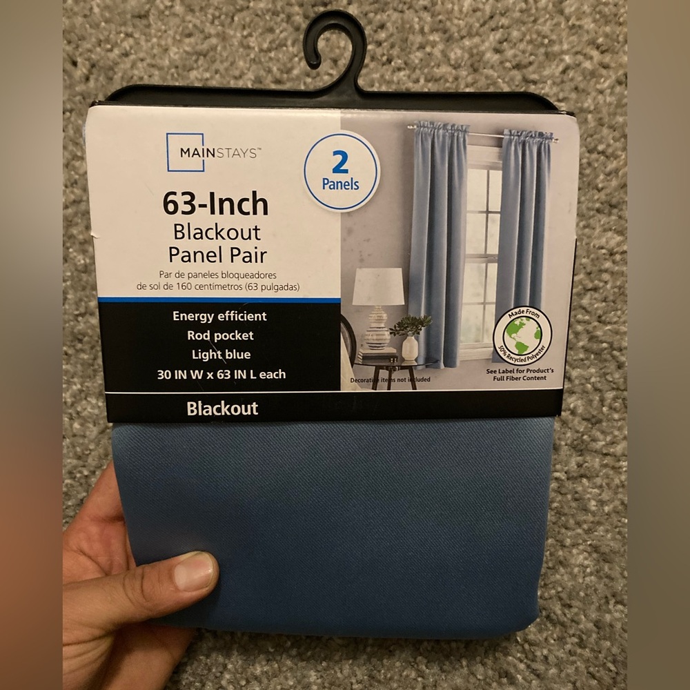 Mainstays Sky Blue Blackout Curtain 2Pk and Extendable Rod